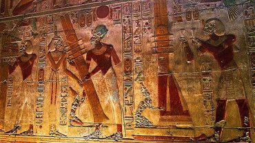 Columns and reliefs inside Abydos Temple of Seti I